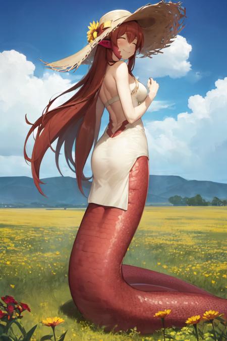 15247-3473104231-masterpiece best quality 1girl solo miia facial mark smile closed eyes dress sun hat standing looking back full body.png